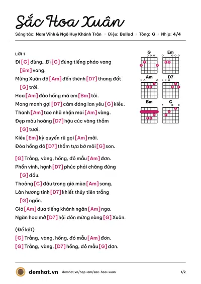 Hợp âm Sắc Hoa Xuân (Nam Vĩnh) – bản nhạc PDF trang 1, tông G