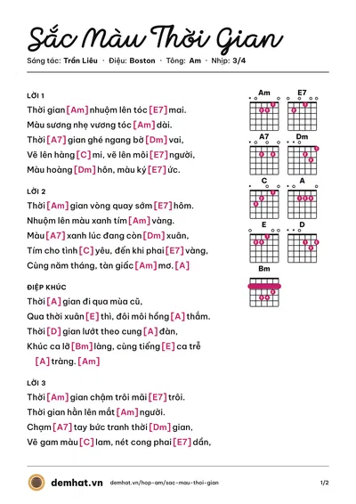 Hợp âm Sắc Màu Thời Gian (guitar) – bản nhạc PDF trang 1, tông Am