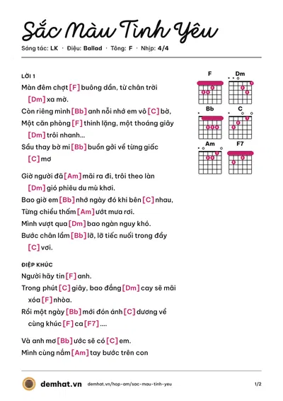 Hợp âm Sắc Màu Tình Yêu (LK) – bản nhạc PDF trang 1, tông F