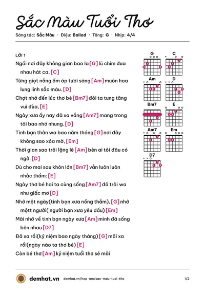 Hợp âm Sắc Màu Tuổi Thơ (Bảo Thy) – bản nhạc PDF trang 1, tông G