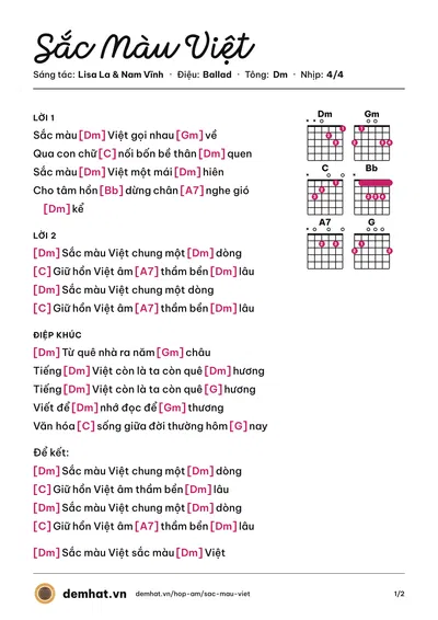 Hợp âm Sắc Màu Việt (Lisa La) – bản nhạc PDF trang 1, tông Dm