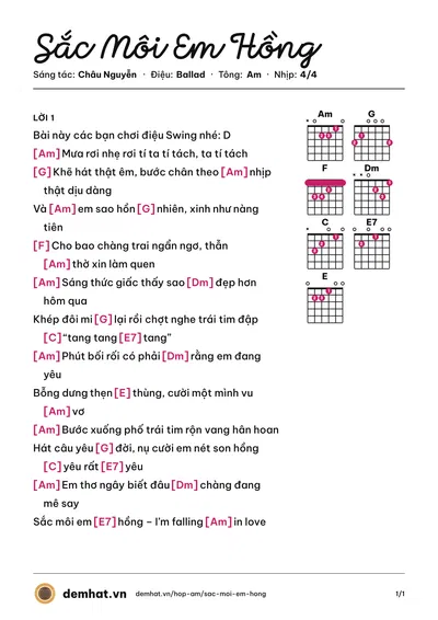 Hợp âm Sắc Môi Em Hồng (Minh Hằng) – bản nhạc PDF trang 1, tông Am