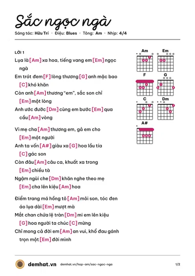 Hợp âm Sắc ngọc ngà (Hữu Trí) – bản nhạc PDF trang 1, tông Am
