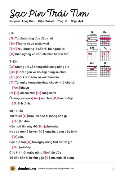 Hợp âm Sạc Pin Trái Tim (Long Cao) – bản nhạc PDF trang 1, tông G