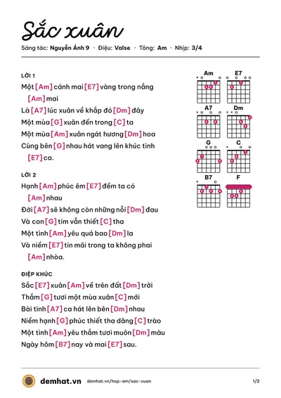 Hợp âm Sắc xuân (Nguyễn Hồng Nhung) – bản nhạc PDF trang 1, tông Am