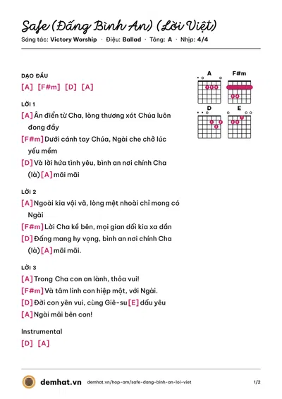 Hợp âm Safe (Đấng Bình An) (Lời Việt) (Victory Worship) – bản nhạc PDF trang 1, tông A
