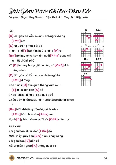 Hợp âm Sài Gòn Bao Nhiêu Đèn Đỏ (Phạm Hồng Phước) – bản nhạc PDF trang 1, tông D
