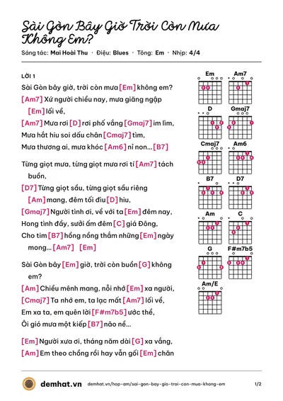 Hợp âm Sài Gòn Bây Giờ Trời Còn Mưa Không Em? (Đông Nguyễn) – bản nhạc PDF trang 1, tông Em