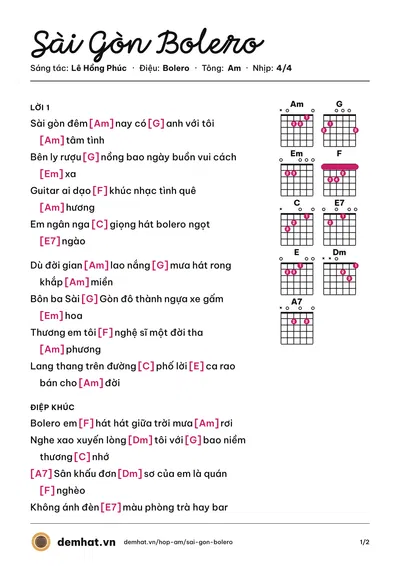 Hợp âm Sài Gòn Bolero (Nguyễn Thành Viên) – bản nhạc PDF trang 1, tông Am