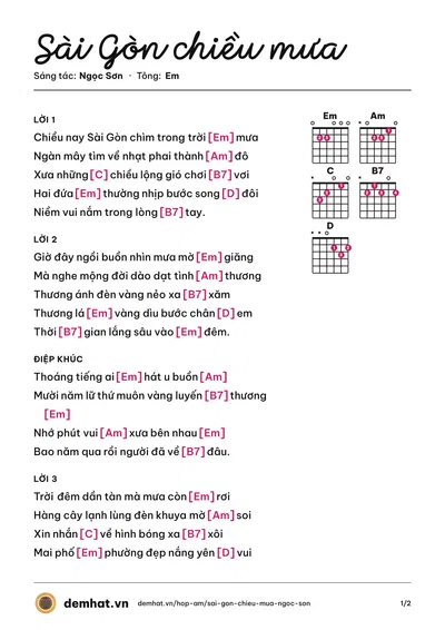 Hợp âm Sài Gòn chiều mưa (Thanh Thúy) – bản nhạc PDF trang 1, tông Em