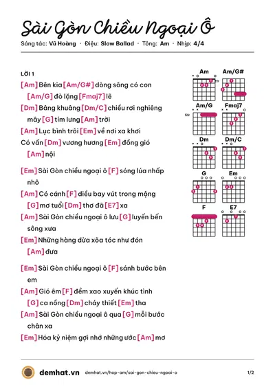 Hợp âm Sài Gòn Chiều Ngoại Ô (Mắt Ngọc) – bản nhạc PDF trang 1, tông Am