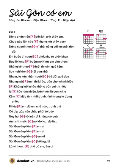 Hợp âm Sài Gòn có em (Blacka) – bản nhạc PDF trang 1, tông F