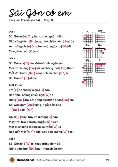 Hợp âm Sài Gòn có em (Phạm Mạnh Đạt) – bản nhạc PDF trang 1, tông C