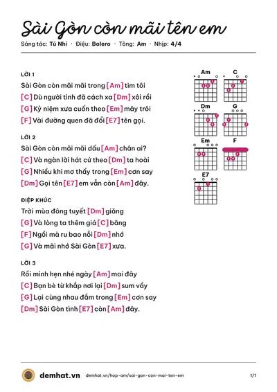 Hợp âm Sài Gòn còn mãi tên em (Chế Linh) – bản nhạc PDF trang 1, tông Am