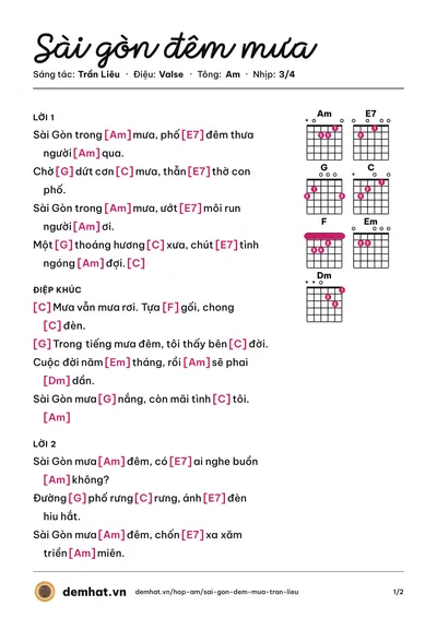 Hợp âm Sài gòn đêm mưa (Trần Liêu) – bản nhạc PDF trang 1, tông Am