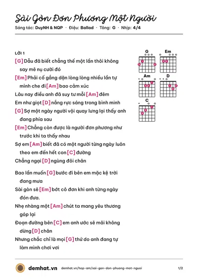 Hợp âm Sài Gòn Đơn Phương Một Người (NQP) – bản nhạc PDF trang 1, tông G