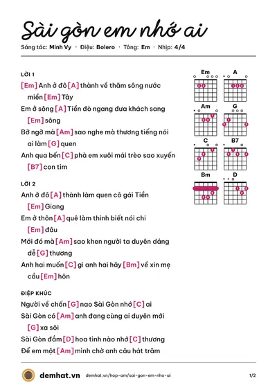 Hợp âm Sài gòn em nhớ ai (Minh Vy) – bản nhạc PDF trang 1, tông Em