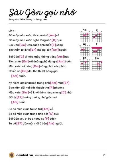 Hợp âm Sài Gòn gọi nhớ (Thanh Trúc) – bản nhạc PDF trang 1, tông Am