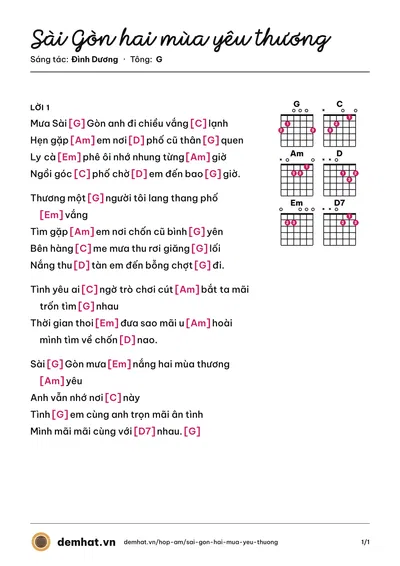 Hợp âm Sài Gòn hai mùa yêu thương (Đình Dương) – bản nhạc PDF trang 1, tông G