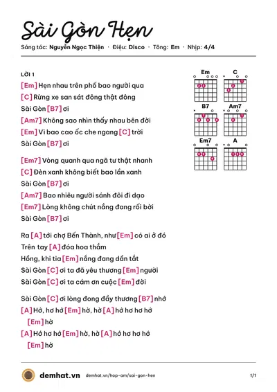 Hợp âm Sài Gòn Hẹn (Mắt Ngọc) – bản nhạc PDF trang 1, tông Em