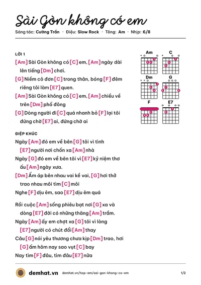Hợp âm Sài Gòn không có em (Cường Trần) – bản nhạc PDF trang 1, tông Am