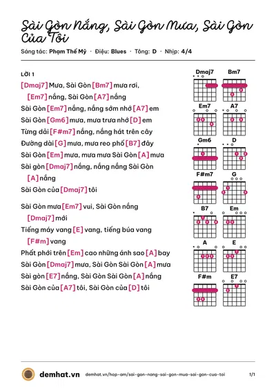 Hợp âm Sài Gòn Nắng, Sài Gòn Mưa, Sài Gòn Của Tôi (Mắt Ngọc) – bản nhạc PDF trang 1, tông D