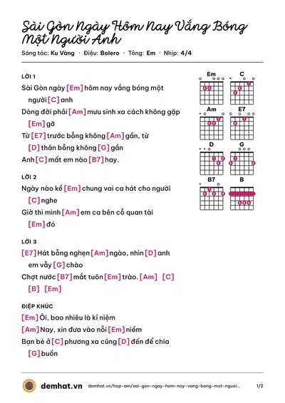 Hợp âm Sài Gòn Ngày Hôm Nay Vắng Bóng Một Người Anh (Ku Vàng) – bản nhạc PDF trang 1, tông Em