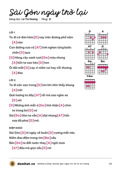 Hợp âm Sài Gòn ngày trở lại (Anh Dũng) – bản nhạc PDF trang 1, tông D