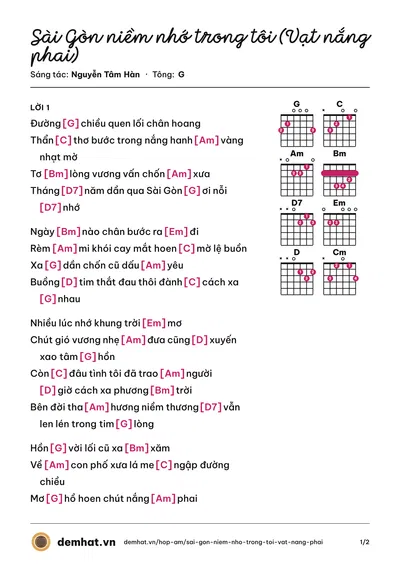 Hợp âm Sài Gòn niềm nhớ trong tôi (Vạt nắng phai) (Quỳnh Lan) – bản nhạc PDF trang 1, tông G