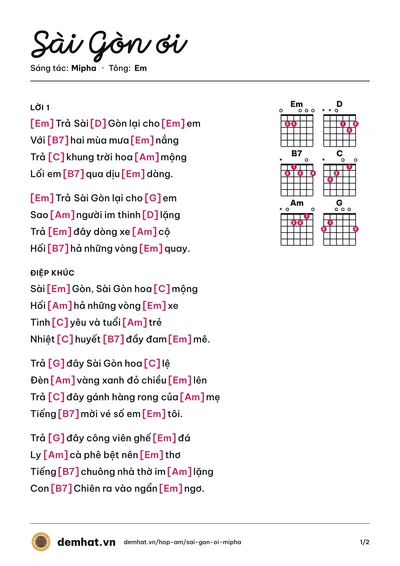 Hợp âm Sài Gòn ơi (Mipha) – bản nhạc PDF trang 1, tông Em