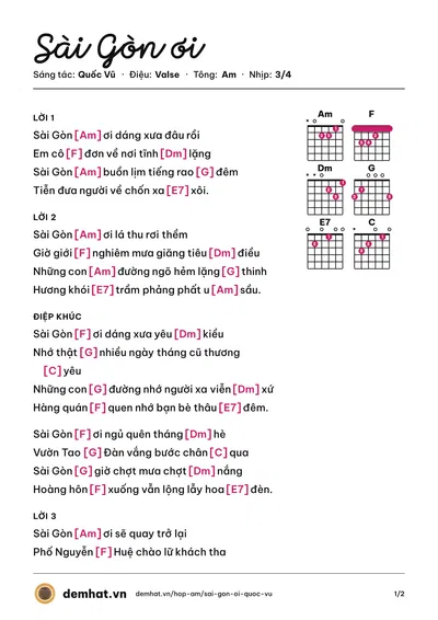 Hợp âm Sài Gòn ơi (Quốc Vũ) – bản nhạc PDF trang 1, tông Am