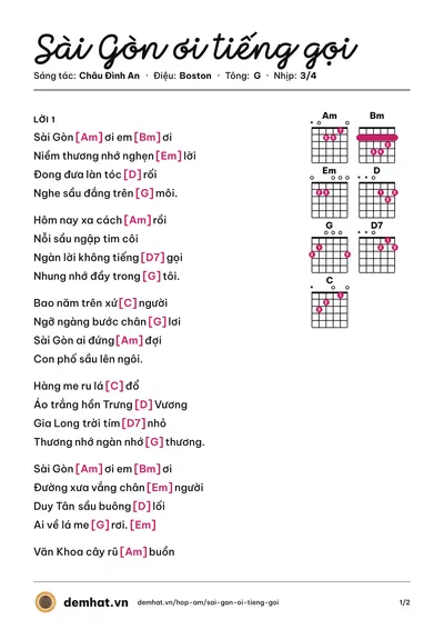 Hợp âm Sài Gòn ơi tiếng gọi (Châu Đình An) – bản nhạc PDF trang 1, tông G