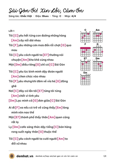 Hợp âm Sài Gòn Ơi! Xin Lỗi, Cảm Ơn (Tuấn Hưng) – bản nhạc PDF trang 1, tông C