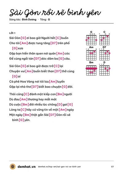 Hợp âm Sài Gòn rồi sẽ bình yên (Đình Dương) – bản nhạc PDF trang 1, tông G