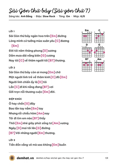 Hợp âm Sài Gòn thứ bảy (Sài gòn thứ 7) (Bảo Tuấn) – bản nhạc PDF trang 1, tông Em