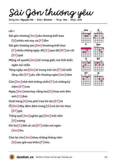 Hợp âm Sài Gòn thương yêu (Lệ Thu) – bản nhạc PDF trang 1, tông Am