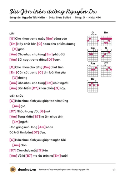 Hợp âm Sài Gòn trên đường Nguyễn Du (Nguyễn Tất Nhiên) – bản nhạc PDF trang 1, tông G