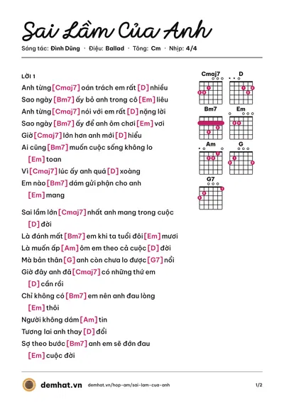 Hợp âm Sai Lầm Của Anh (Đình Dũng) – bản nhạc PDF trang 1, tông Cm