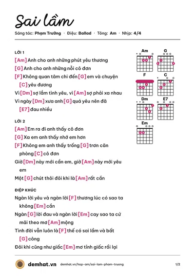 Hợp âm Sai lầm (Phạm Trưởng) – bản nhạc PDF trang 1, tông Am