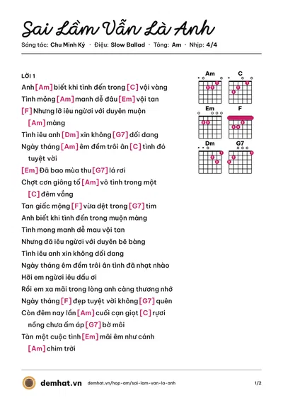 Hợp âm Sai Lầm Vẫn Là Anh (Lý Hải) – bản nhạc PDF trang 1, tông Am