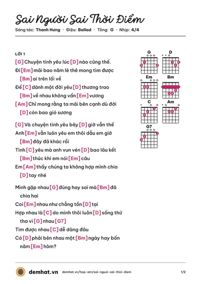 Hợp âm Sai Người Sai Thời Điểm (Thanh Hưng) – bản nhạc PDF trang 1, tông G