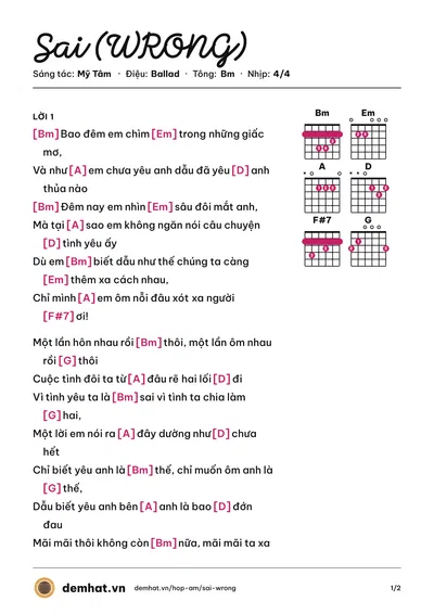 Hợp âm Sai (WRONG) (Mỹ Tâm) – bản nhạc PDF trang 1, tông Bm