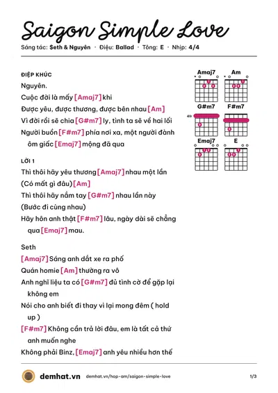 Hợp âm Saigon Simple Love (Nguyên) – bản nhạc PDF trang 1, tông E