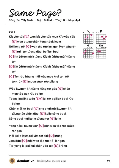 Hợp âm Same Page? (Tilly Birds) – bản nhạc PDF trang 1, tông G