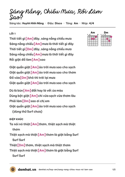 Hợp âm Sáng Nắng, Chiều Mưa, Rồi Làm Sao? (Lâm Vỹ Dạ) – bản nhạc PDF trang 1, tông Am