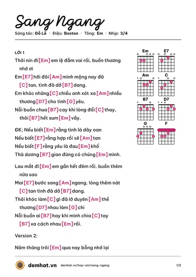 Hợp âm Sang Ngang (Lệ Quyên) – bản nhạc PDF trang 1, tông Em