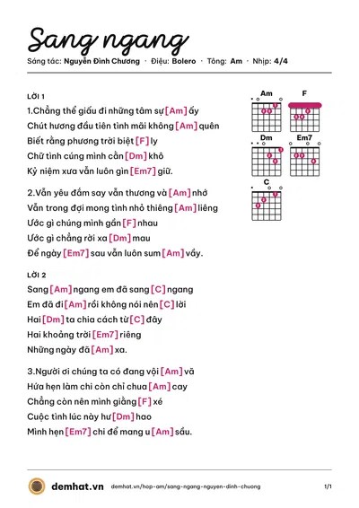 Hợp âm Sang ngang (Nguyễn Đình Chương) – bản nhạc PDF trang 1, tông Am