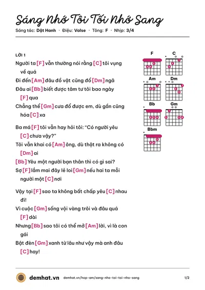 Hợp âm Sáng Nhớ Tôi Tối Nhớ Sang (Dật Hanh) – bản nhạc PDF trang 1, tông F