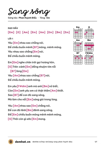 Hợp âm Sang sông (Lê Dung) – bản nhạc PDF trang 1, tông Em
