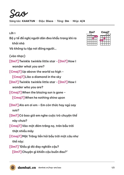 Hợp âm Sao (KAAKTUN) – bản nhạc PDF trang 1, tông Dm